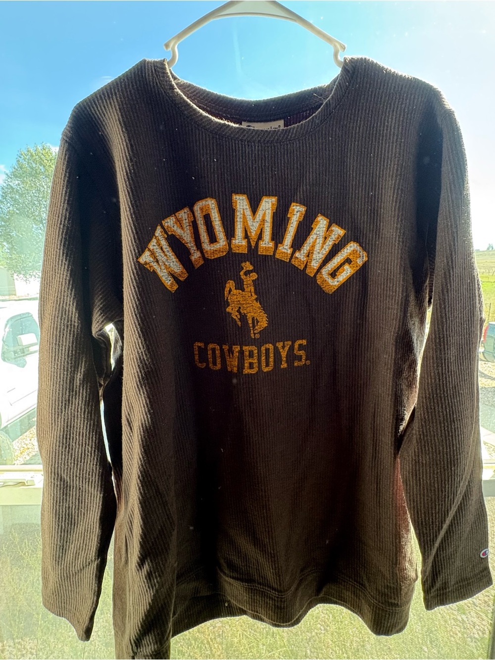 Champion Black Crewneck Sweater with Gold Wyoming Cowboys Logo